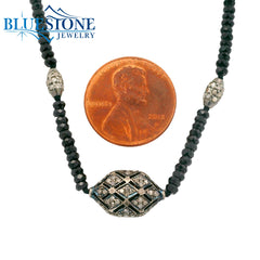 Black Spinel Beaded Necklace w/ Three Diamond Beads - 18"