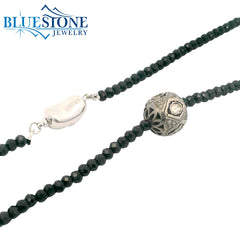 Black Spinel Beaded Necklace w/ One Diamond Bead - 17"