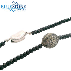 Black Spinel Beaded Necklace w/ One Diamond Bead - 16"