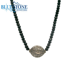 Black Spinel Beaded Necklace w/ One Diamond Bead - 16"