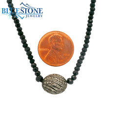 Black Spinel Beaded Necklace w/ One Diamond Bead - 17"