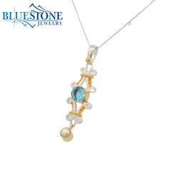 Two-Tone Necklace with Blue Topaz & Pearl Gemstones -18"