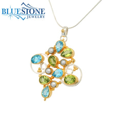 Two-Tone Necklace with Pearls, Blue Topaz & Peridot Gemstones -18"