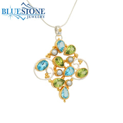 Two-Tone Necklace with Pearls, Blue Topaz & Peridot Gemstones -18"