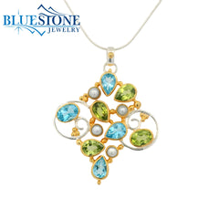 Two-Tone Necklace with Pearls, Blue Topaz & Peridot Gemstones -18"