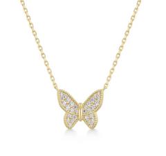 Silver w/ 14 Karat Yellow Gold CZ Butterfly Necklace