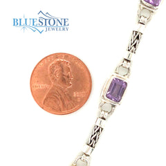 Sterling Silver Bracelet with Amethysts- 8 Inches