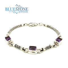 Sterling Silver Bracelet with Amethysts- 8 Inches