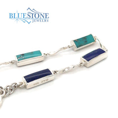 Sterling Silver Turquoise and Lapis Reversible Bracelet- 8 Inches