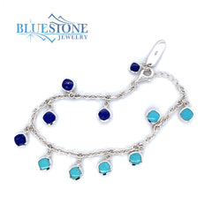 Sterling Silver Reversible Turquoise and Lapis Bracelet- 8 Inches