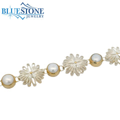Silver & Gold Flower Bracelet with Pearls- 7"
