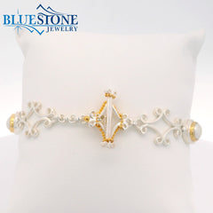 Two-Tone Bracelet w/ Amethyst, Peridots, Blue Topazes and Pearls -7.5"