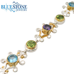 Two-Tone Bracelet w/ Amethyst, Peridots, Blue Topazes and Pearls -7.5"