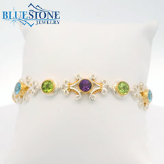 Two-Tone Bracelet w/ Amethyst, Peridots, Blue Topazes and Pearls -7.5"