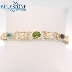 Two-Tone Bracelet w/ Peridot, Pearls, Amethyst & Topaz -8"
