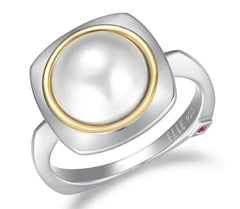 Silver and 18kt Yellow Gold Ring with Pearl- Size 7