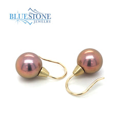 14 Karat Yellow Gold Wire Earrings with Two 12mm Wide Rose Toned Cultu