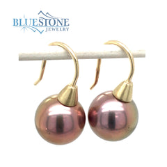 14 Karat Yellow Gold Wire Earrings with Two 12mm Wide Rose Toned Cultu
