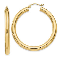 14 Karat Yellow Gold 4mm Tube Hoop Classic Earring. 40mm in length