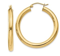 14 Karat Yellow Gold 4mm Tube Hoop Classic Earring. 35mm in length
