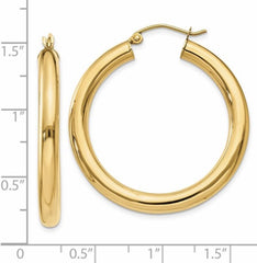 14 Karat Yellow Gold 4mm Tube Hoop Classic Earring. 35mm in length