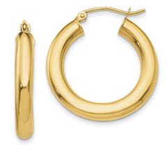 14 Karat Yellow Gold 4mm Tube Hoop Classic Earring. 25mm in length