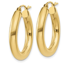 14 Karat Yellow Gold 4mm Tube Hoop Classic Earring. 25mm in length