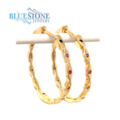 Gold Plated Rainbow Hoop Earrings with Sapphires, Rubies and Spinels