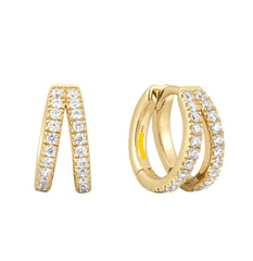 Gold Plated Double Pave Huggie Hoops With Cubic Zirconias