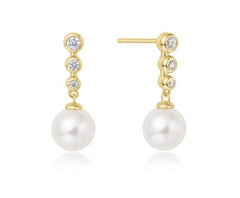 14K Gold Plated Dangle Stud Earrings w/ CZ's & Pearl