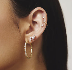 Sterling Silver & 14K Gold Plated Beaded Large Hoop Earrings w/ CZ's