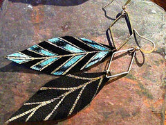 Gabriella Leather Feather Earrings with Gold & Teal design on Black Le