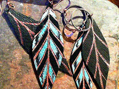 Gabriella copper/teal on black leather feather earrings on copper wire