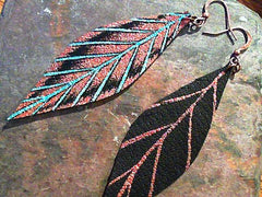 Isabella teal and copper on black feather leather earrings wtih copper