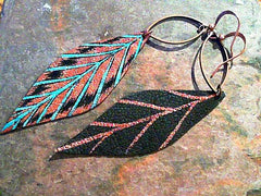 Isabella teal and copper on black feather leather earrings wtih copper