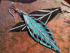 Isabella Leather Feather Earrings with Pearl & Teal design on Black Le