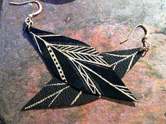 Maya Aztec Leather Feather Earrings with gold design on black leather
