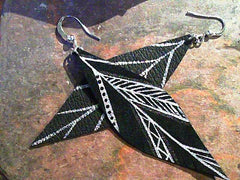 Hand Painted Leather Feathers Wire Earrings
