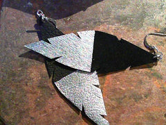 Demi Leather Feather Earrings with Silver Dipped design on black leath