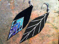 Chevron Peacock Black Leather Feather Earrings with sterling silver wi