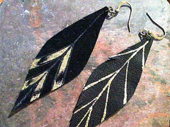 Leather Feather Earrings with Chevron gold design with 14kt gold plate