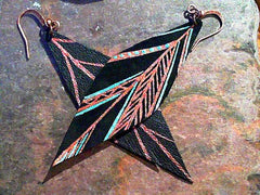 Maya Aztec Leather Feather Earrings with teal and copper design with b