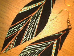 Maya Aztec Leather Feather Earrings with teal and bronze design with b