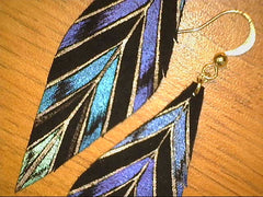 Gabriella Leather Feather Earrings on black leather with silver earrin