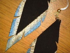 V Dipped Leather Feather Earrings with teal and silver design with sil