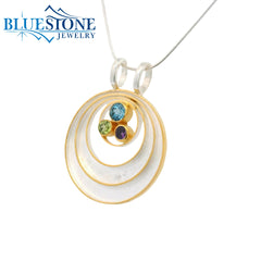 Two-Tone Pearl, Peridot, Amethyst, Blue Topaz Circle Pendant - 18"