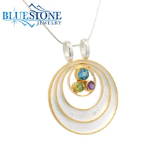 Two-Tone Pearl, Peridot, Amethyst, Blue Topaz Circle Pendant - 18"