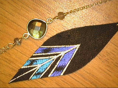 18" SS Chevron Leather Feather necklace with white Labradorite. Purple