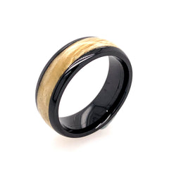 Black Zirconium Domed 8mm Band with a 5mm Boxelder Burl Wood Inlay.
R