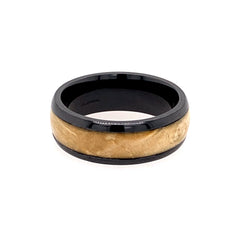 Black Zirconium Domed 8mm Band with a 5mm Boxelder Burl Wood Inlay.
R